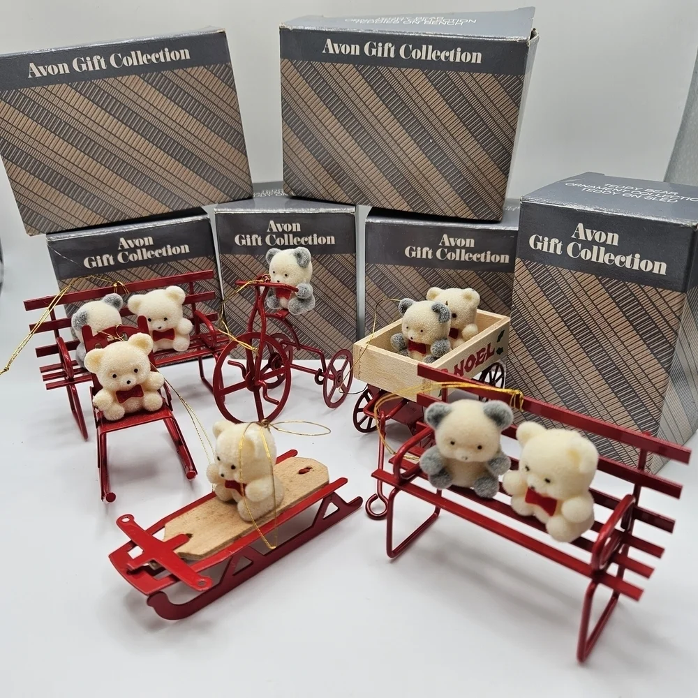 VINTAGE Avon Flocked Teddy Bear Ornaments Lot 6 led Bench Tricycle Rocker Wagon